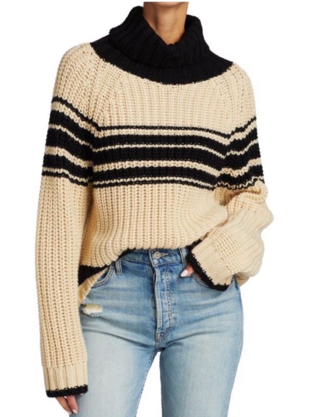 Essentiel Antwerp Weyond Striped Turtleneck Wool Sweater in Cream & Black Small